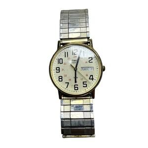 VTG Timex Men's Silver Gold Tone Stretch Band Watch Quartz Day Date Easy Reader